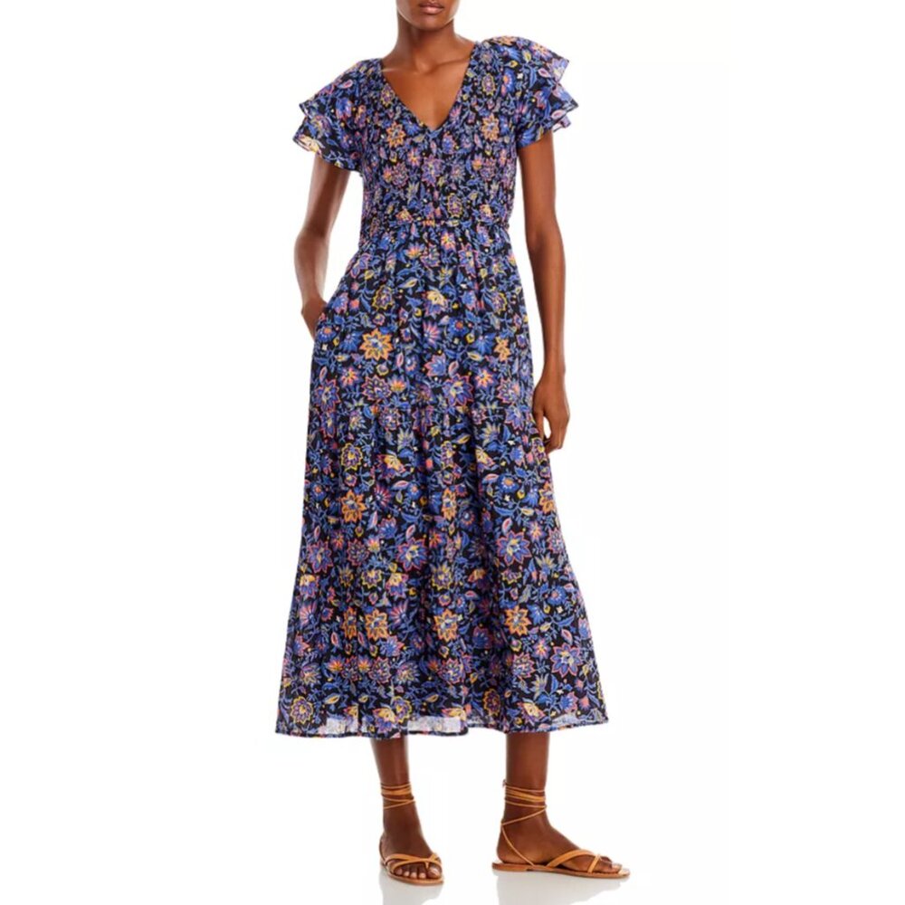 Banjanan - Ira Cotton Flutter Sleeve Dress (XS) - blue, purple floral pattern